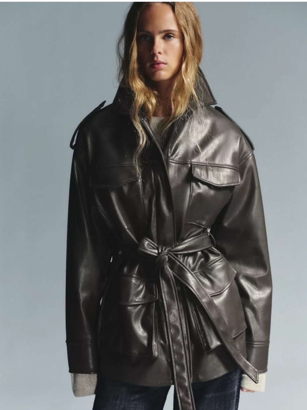 Zara Black Leather Belted Jacket